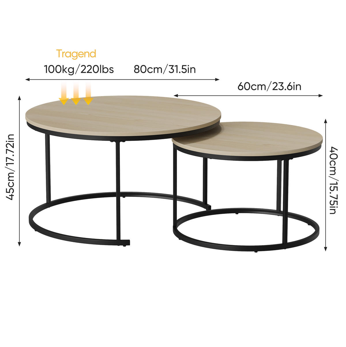 COUCHTISCH 80/80/45 cm in Eichefarben mit Metallgestell, 2-teilig verschachtelbar - Eichefarben, Metall (80/80/45cm) - BEAOK