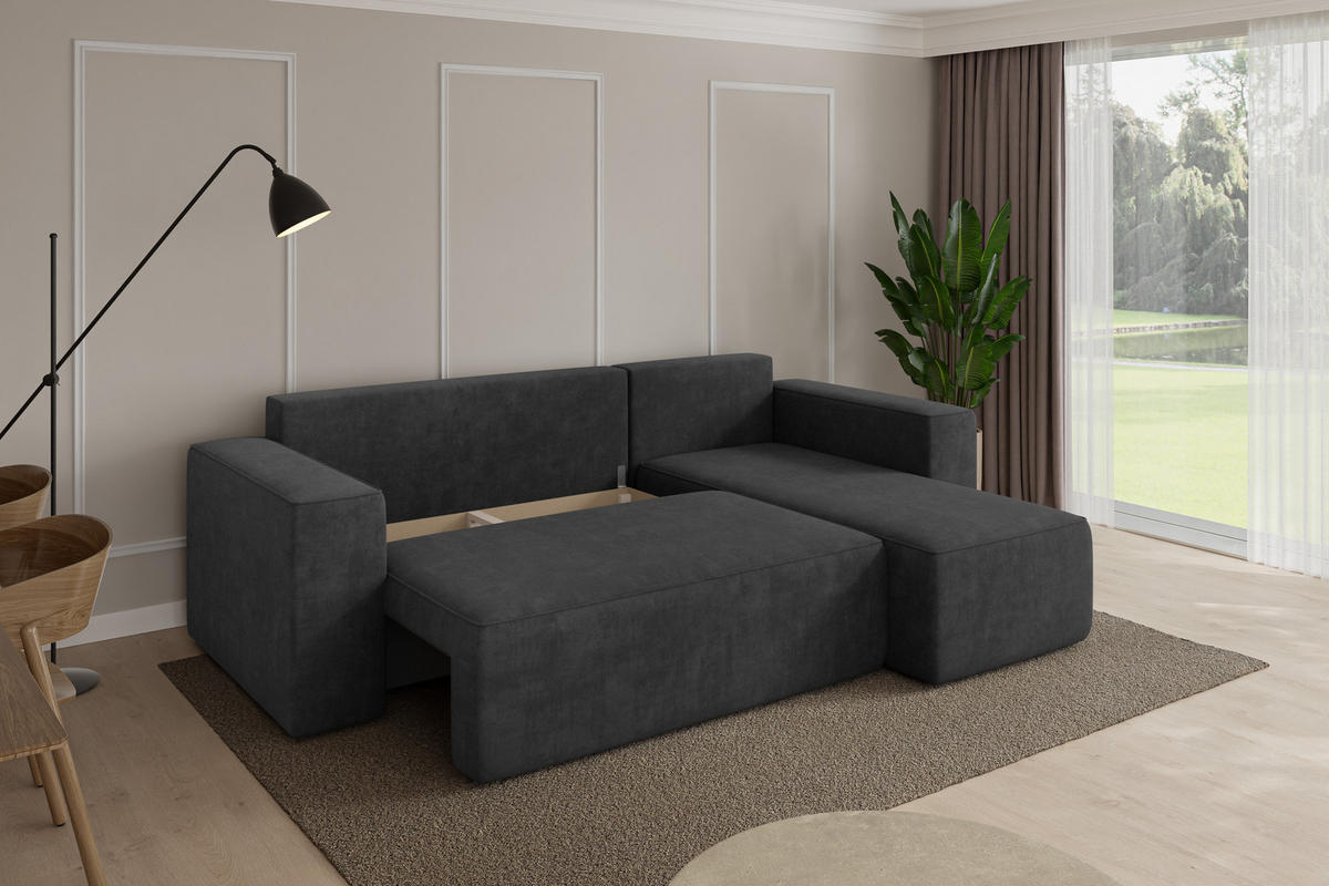 ROHOVÁ SEDAČKA s funkcí spaní, otoman vpravo SENO-L 249x139x85 tmavě šedá velur - černá/antracitová, kompozitní dřevo/textil (249/139cm) - ALTDECOR
