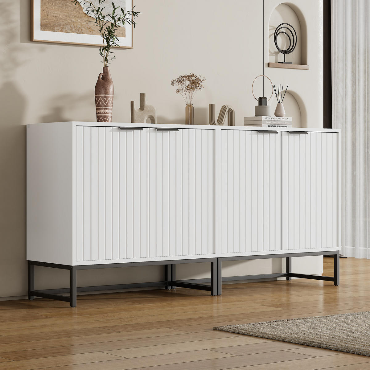 SIDEBOARD in Weiß mit Wellen-Optik Tür und Metallgriffen, 160/40/80 cm, Weiß - Weiß, Holzwerkstoff (160/80/40cm) - Redom