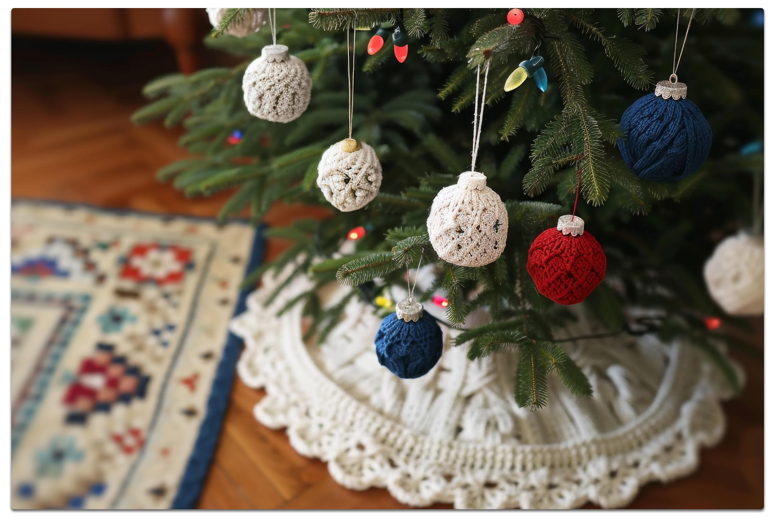 Ein Weihnachtsbaum mit selbstgehäkelten Ornamenten, die festliche Atmosphäre und Kreativität ausstrahlen