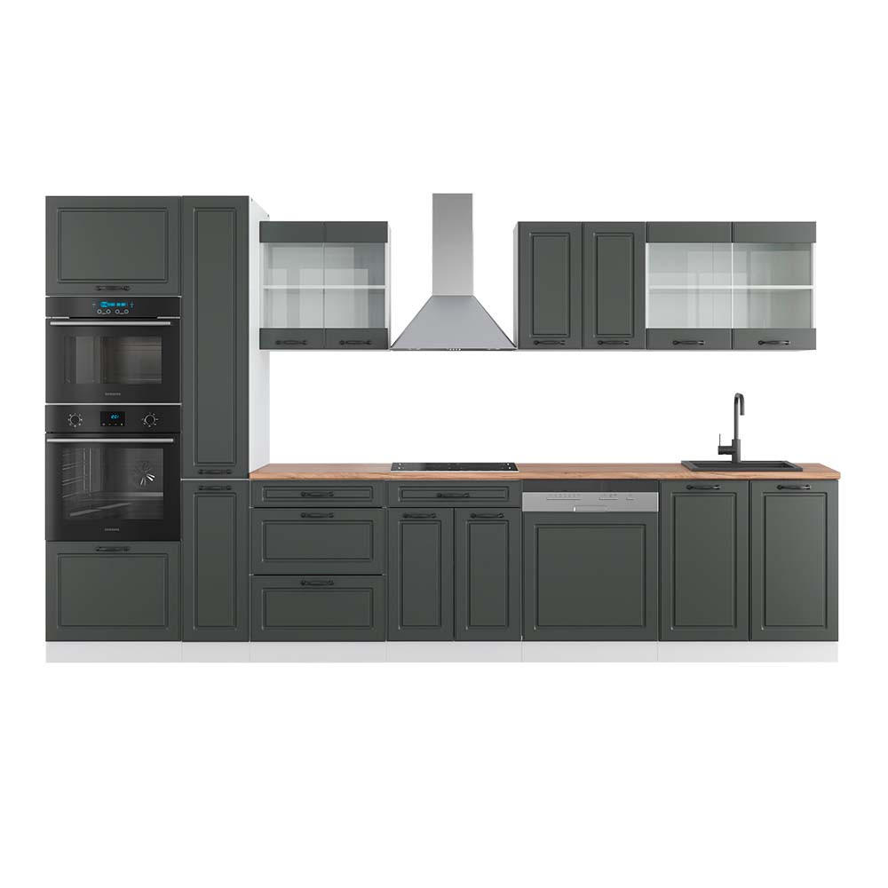 KÜCHENZEILE R-Line Anthrazit Landhaus/Weiß 350 cm mit Hochschrank AP Eiche - Anthrazit/Weiß, Holzwerkstoff (350/81.6/60cm) - Vicco