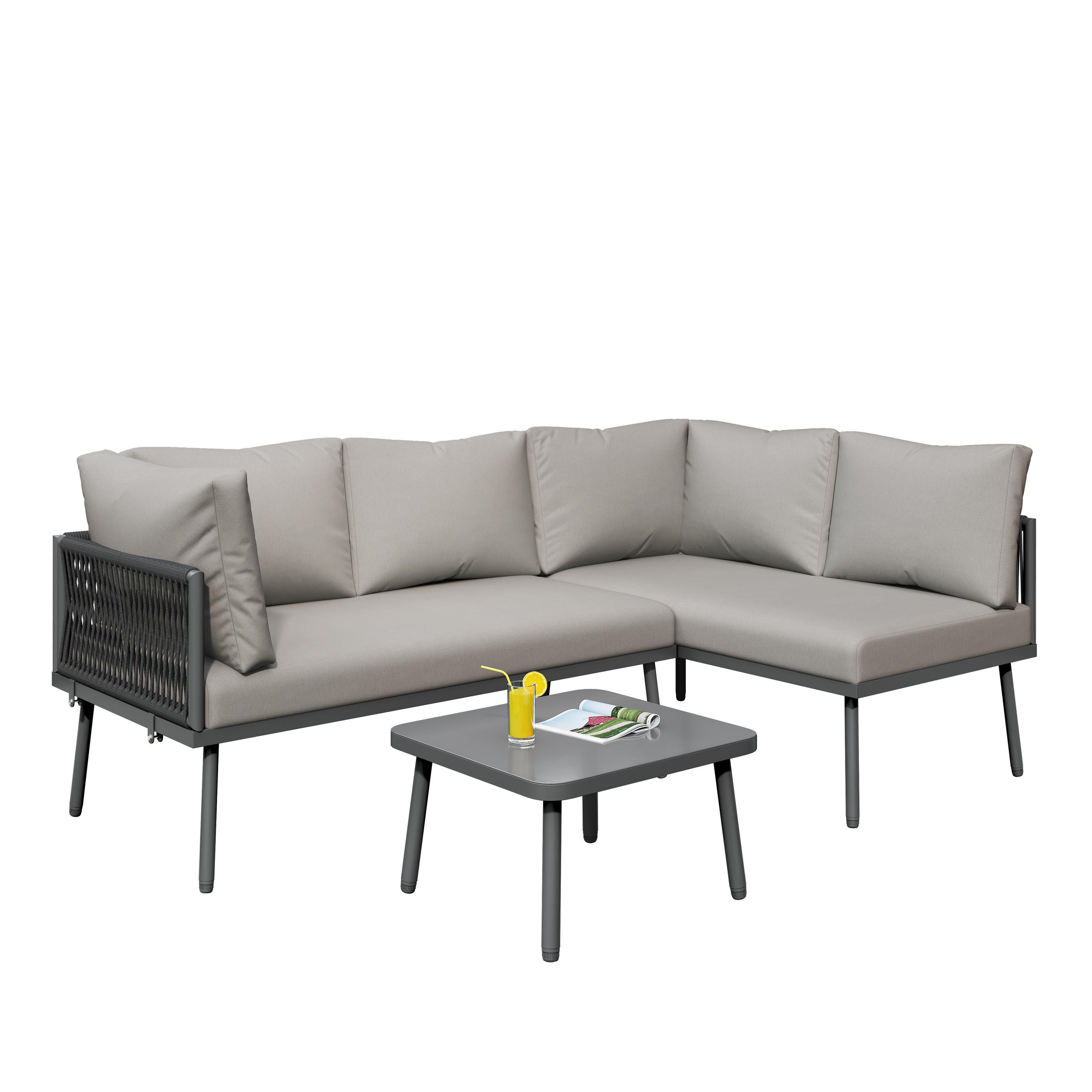 GARTEN-LOUNGE-SET mit Eisenrahmen & Seil, 2 Sofas 120/60/72 cm + Tisch 53/53/36 cm, Grau - Grau, Metall - Redom