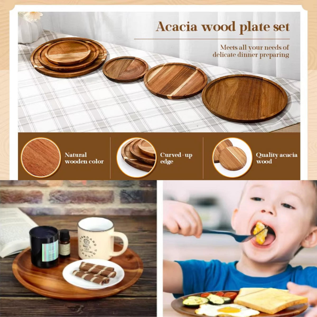 TELLERSET Akazienholz Natur 4er-Set 30 cm Rund Massivholz - Akaziefarben, Holz (30/30/3cm) - Quality Elegance