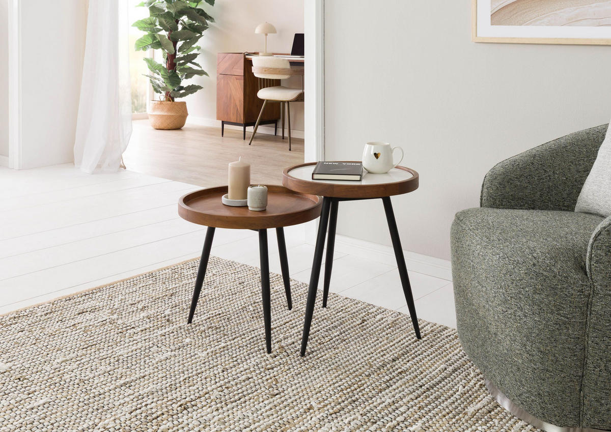 BEISTELLTISCH-SET Akazie 42x42x50 natur lackiert / Marmor weiß KARLSTAD #12 - Braun, Holz (42/42/50cm) - Massivmoebel24