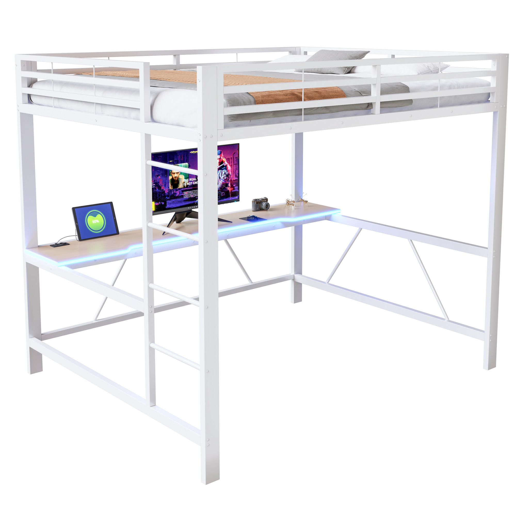 HOCHBETT 160/200 cm in Weiß mit Schreibtisch, LED und USB - Weiß, Holzwerkstoff/Metall (160/200cm) - STILVORA