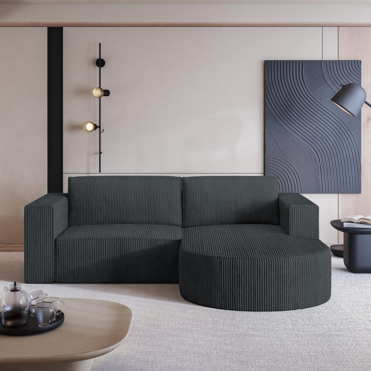 ECKSOFA SORELA P R-S Graphitfarben Kordstoff mit Schlaffunktion - Graphitfarben, Holz (263/174cm) - MASSENO