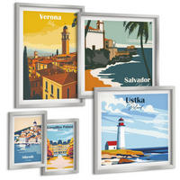 BILDER SET 5er Set - 50x50 cm & 20x30 cm & 40x60 cm Silberner Rahmen - Europäische Städte in farbigen Illustrationen - Silberfarben, Kunststoff (40/60cm) - TULUP