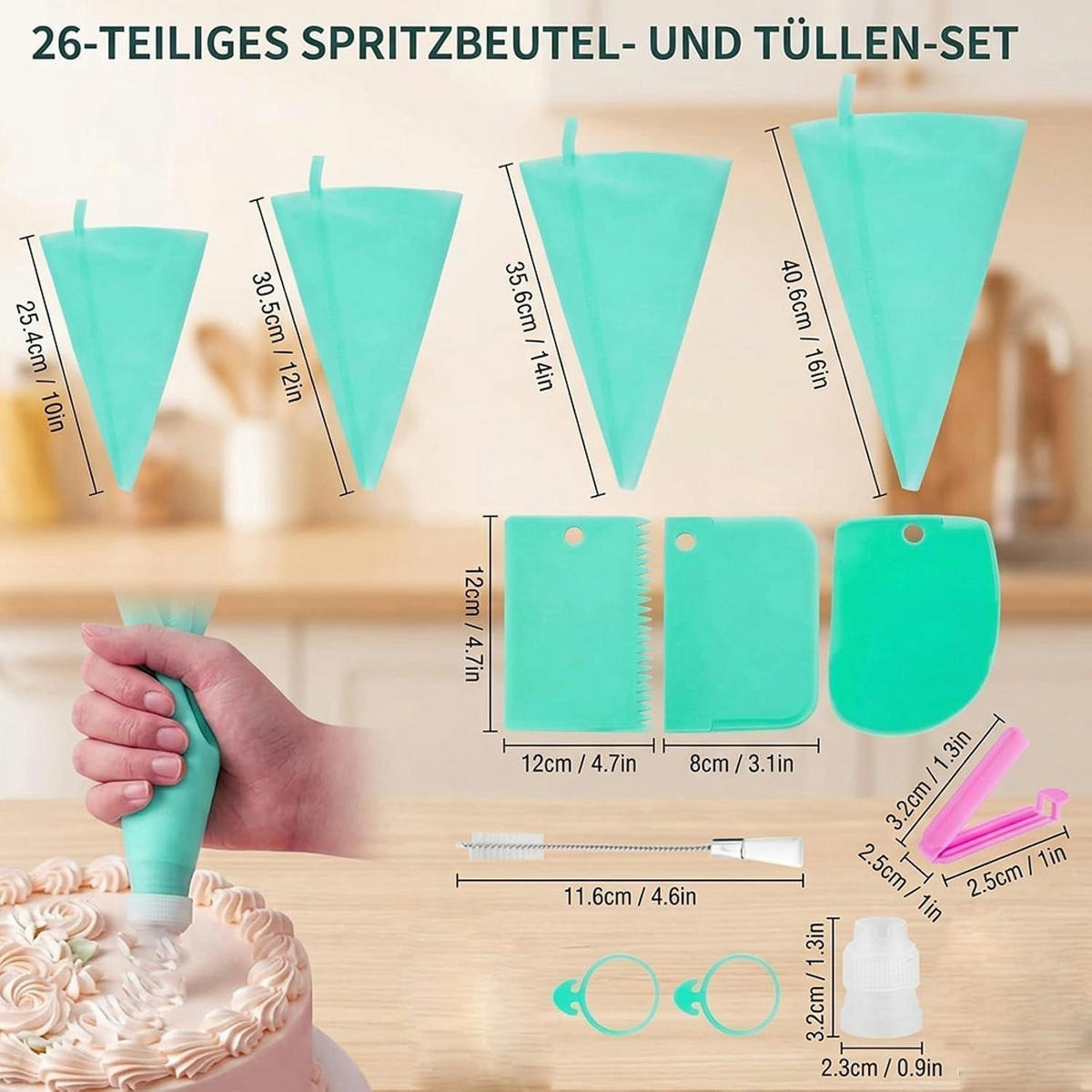 SPRITZBEUTEL Set 26-teilig mit 4 Spritztüllen - Türkis, Kunststoff (16/1/40.6cm)