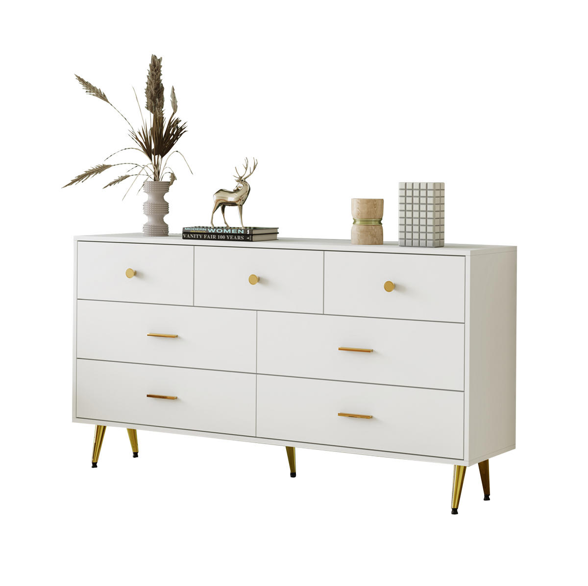 SIDEBOARD aus Spanplatte 140x35x76 cm Weiß mit 7 Schubladen, goldfarbenen Griffen und Metallbeinen - Weiß, Holzwerkstoff (140/76/35cm) - Modfu