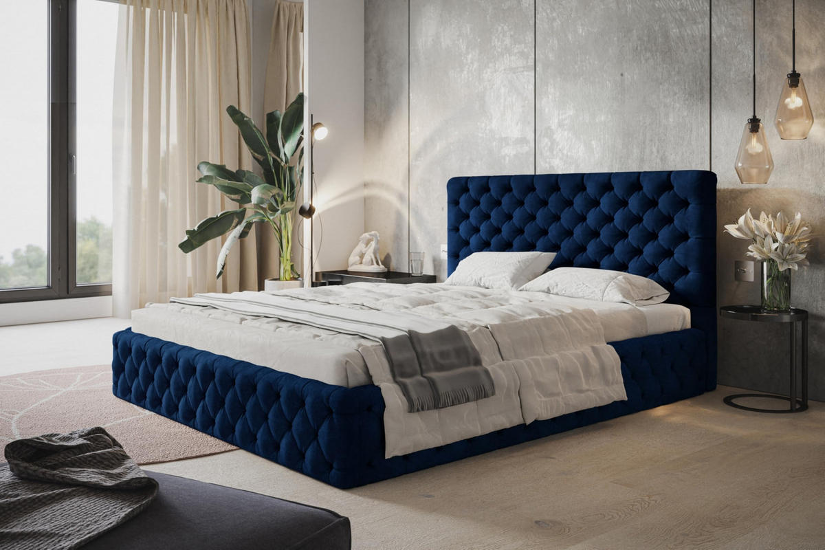 BETT 140x200 - Polsterbett mit Bettkasten und Holzrahmen - Elegant Betten - Glatter Kronos-Stoff - Kollektion Miami, Blau - AlpiMeble - Dunkelblau, Holz/Kunststoff (140/200cm) - Alpi-Möbel