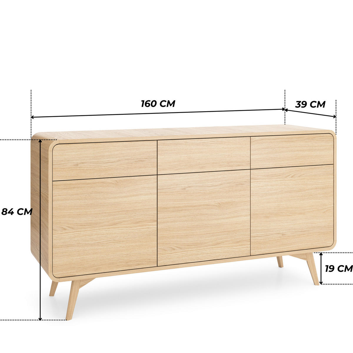SIDEBOARD ATEA KSZ160 160 cm (Vicenza Eiche, Abgerundete Kanten, Holzfüße, Push to Open) - Eichefarben, Holz/Holzwerkstoff (160/84/39cm) - Ravio