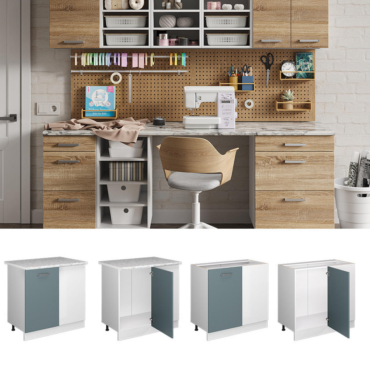 ECKSCHRANK FÜR HAUSRAT R-Line Blau-Grau 86 cm mit Tür, mit Arbeitsplatte - Blaugrau/Weiß, Holzwerkstoff (86/81.6/60cm) - Vicco