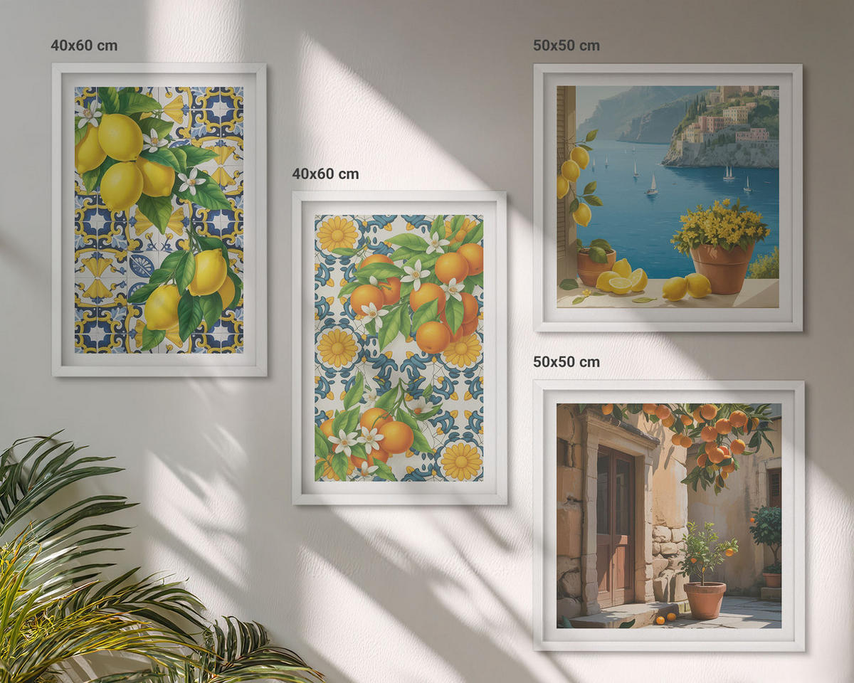 WANDBILDER 4er-Set - 50x50 cm & 40x60 cm Weißer Rahmen - Zitronen, Blumen, Orangen, Italien - Weiß, Kunststoff (50/50cm) - ArtPrintCave