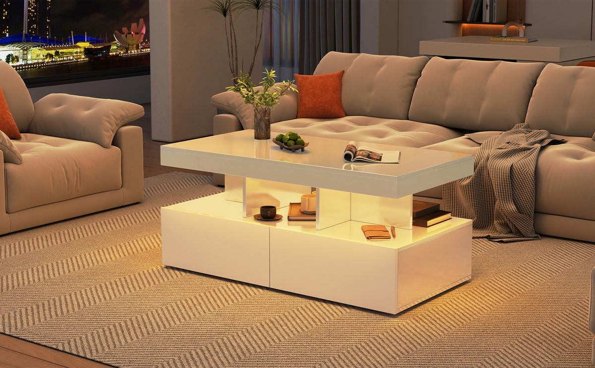 COUCHTISCH hochglanz weiß mit LED und zwei schubladen - Weiß, Metall (104/53/46cm) - SHOPENTRA