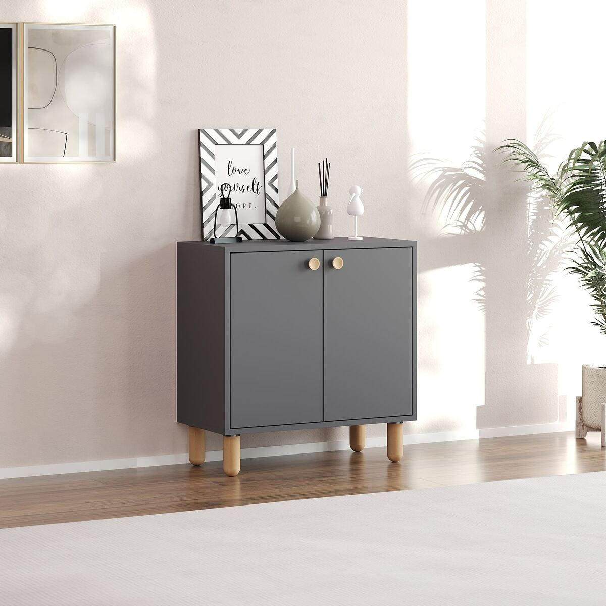 SIDEBOARD mit 2 Türen und Füßen aus massivem Buchenholz 36/72/73 cm - Anthrazit, Holzwerkstoff (36/73/72cm) - Calicosy