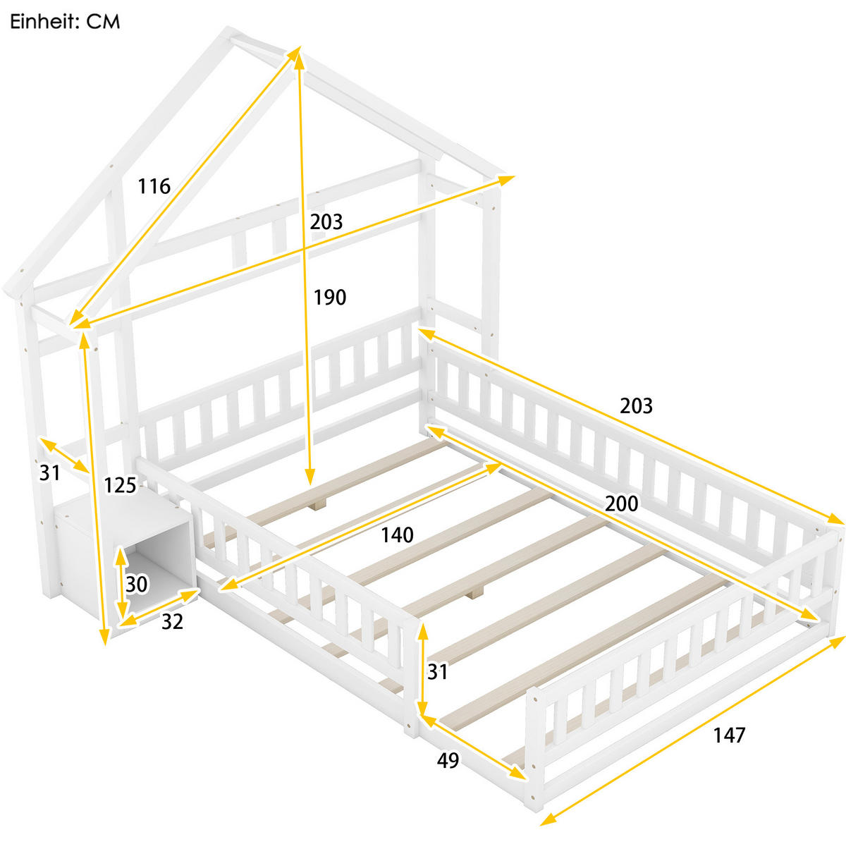 POSTELJA v obliki hiše 140/200 cm bela z ograjo in nočno omarico iz borovine in MDF - bela, les (140/200cm) - OKWISH