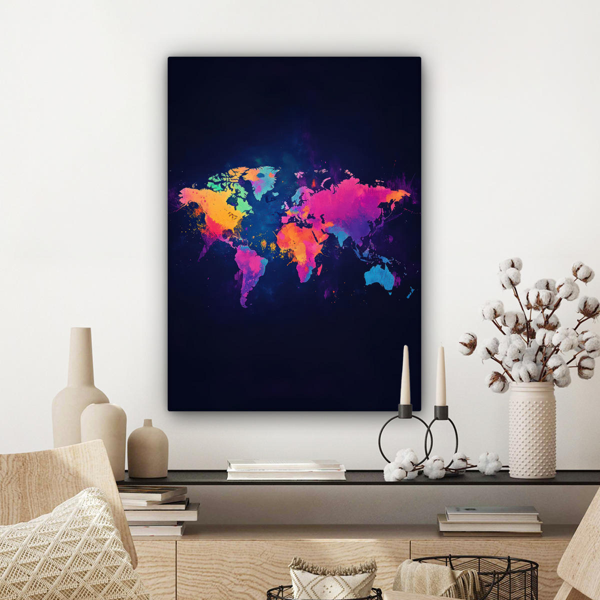 LEINWANDBILD Weltkarte - Bunt - Graffiti 60x80 cm - Multicolor, Textil (60/80cm) - MuchoWow