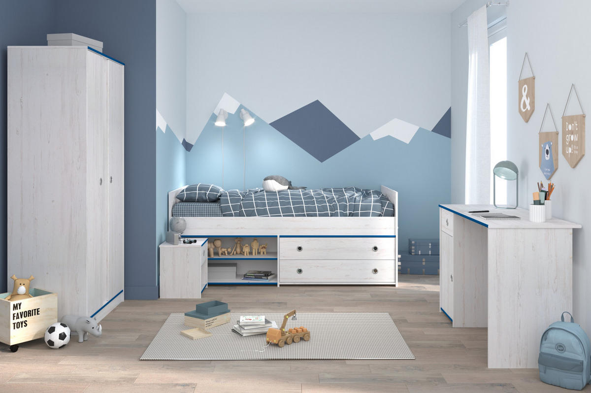 KINDERZIMMER Set Kleiderschrank Schreibtisch Stauraumbett 90x200 cm - Weiß/Kieferfarben, Holz/Holzwerkstoff (203/182/95cm) - Parisot Meuble