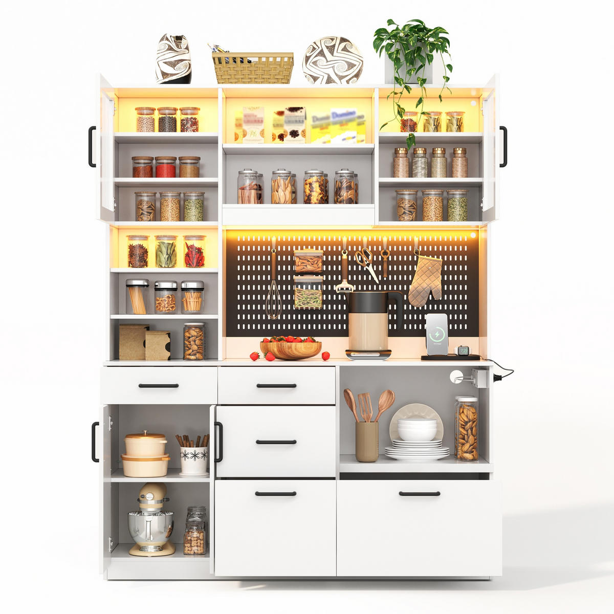 KÜCHENBUFFET 145x40x185 cm, 5 Schubladen, LED-Beleuchtung, Steckdose, 2 USB-Anschlüsse, verstellbare Einlegeböden, Lochplatte, Glastüren, Weiß - Weiß, Holzwerkstoff (145/185/40cm) - FOHERE
