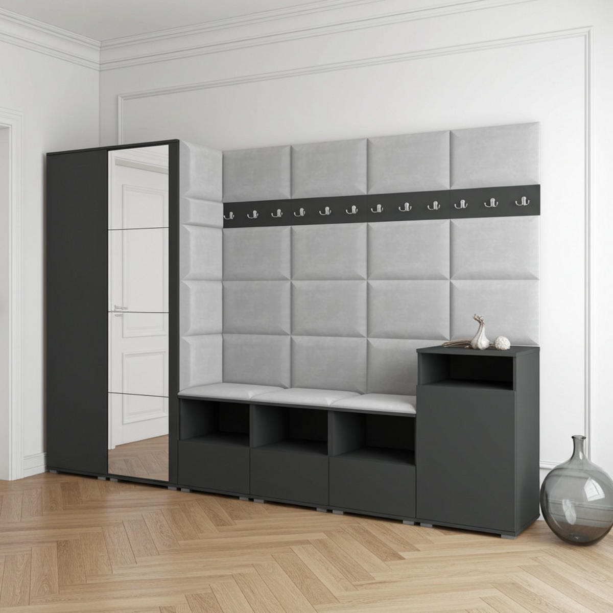 GARDEROBE NELA XII 300 cm (Modulare Flurmöbel Graphit mit Spiegel & Sitzpolster Hellgrau 32 Gigantisches Set) - Silberfarben/Hellgrau, Holz/Holzwerkstoff (300/187/40cm) - Ravio
