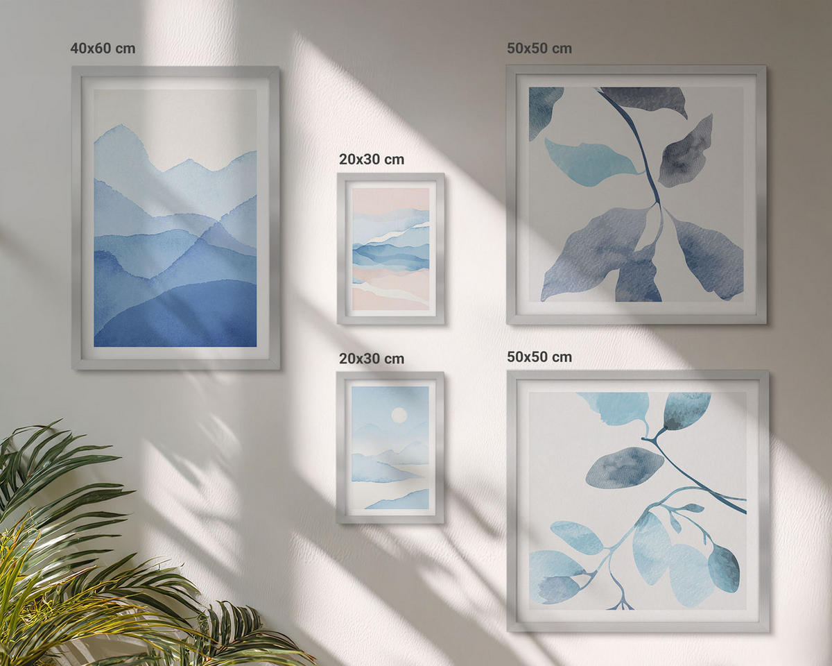 WANDBILDER 5er Set - 50x50 cm & 20x30 cm & 40x60 cm Silberner Rahmen - Berglandschaften, Aquarellpflanzen - Silberfarben, Kunststoff (40/60cm) - ArtPrintCave