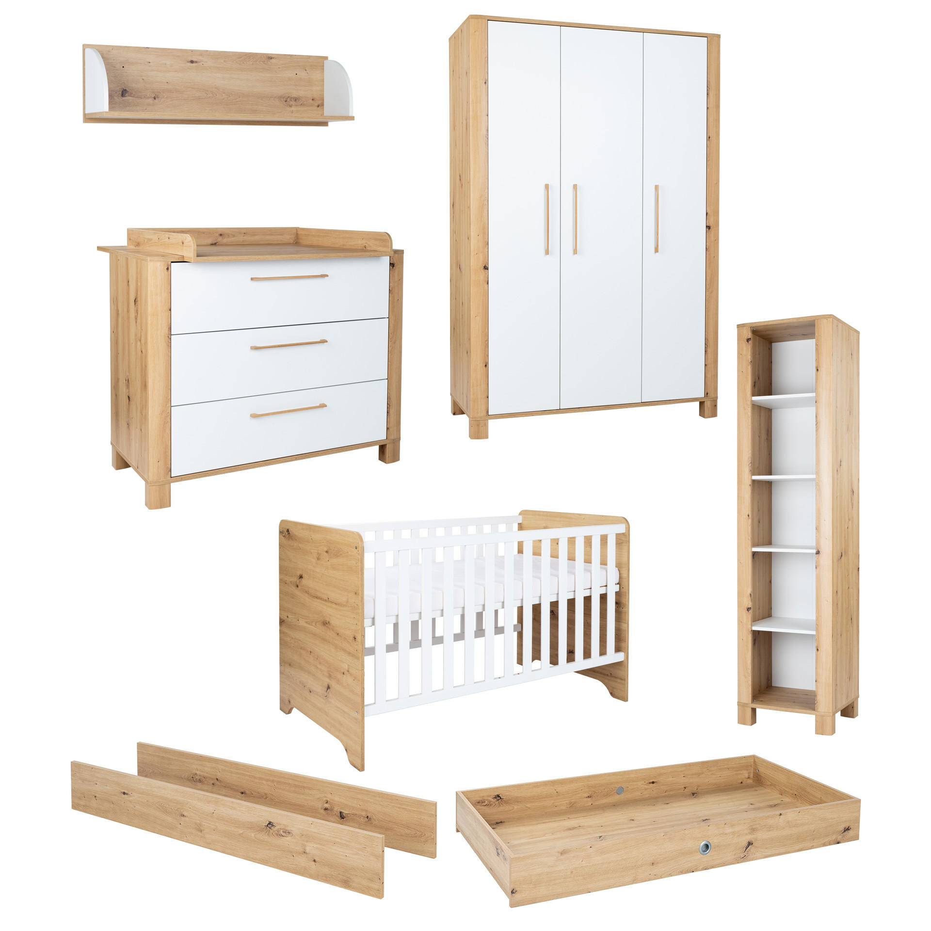 BABYZIMMER Mega-Set Marlon 7-tlg. - Weiß/Eiche Artisan, Holz/Holzwerkstoff (1/1/1cm) - arthur berndt