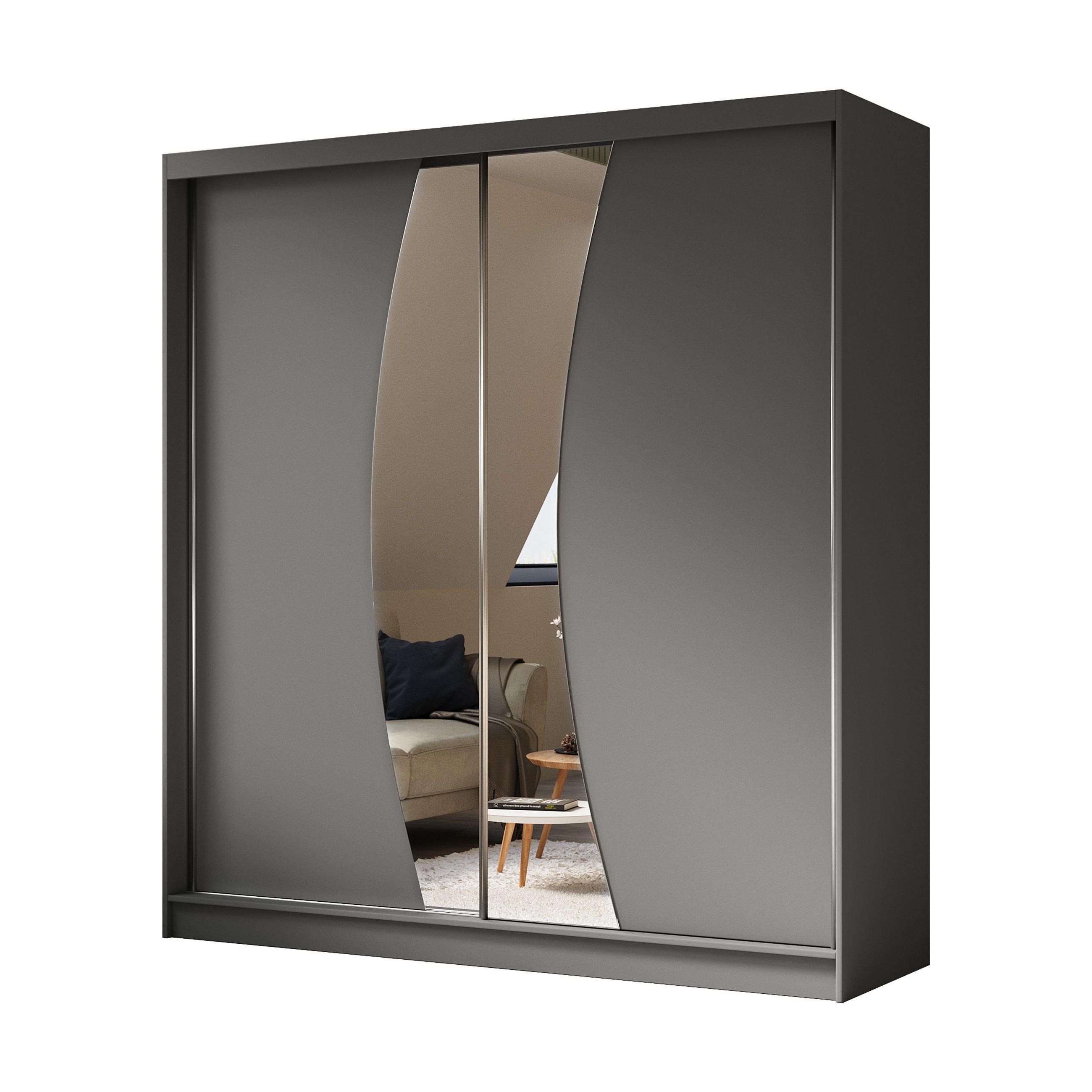 SCHWEBETÜRENSCHRANK VOCE 200/216/61 cm 2-türig mit Spiegel Grau - Grau, Holzwerkstoff (200/216/61cm) - MASSENO