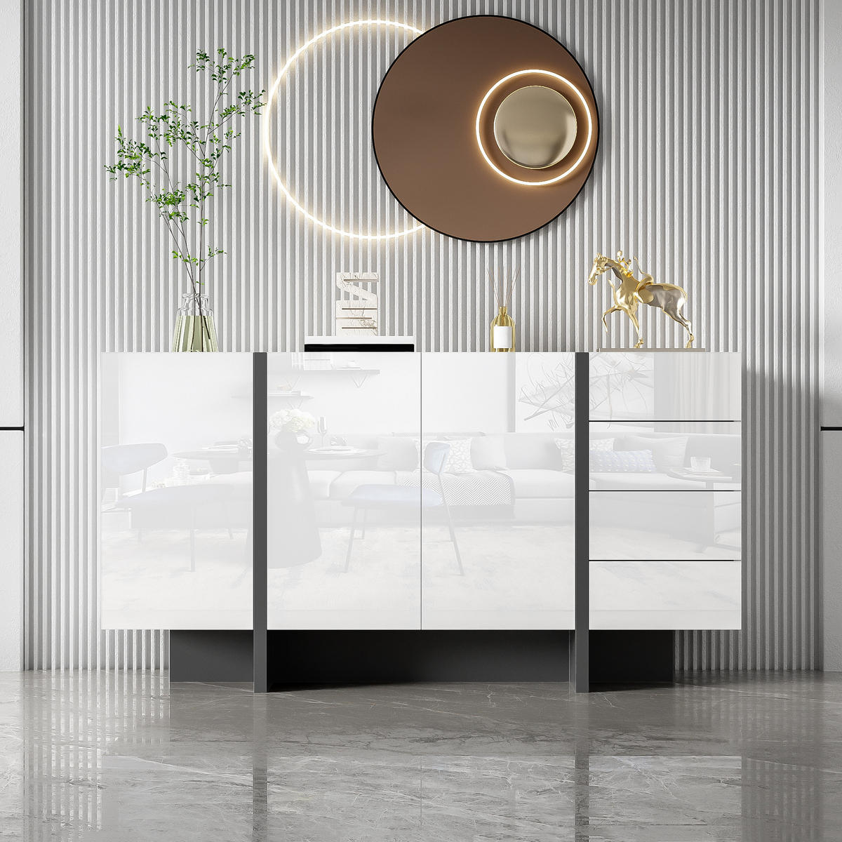 SIDEBOARD Anrichte mit Hochglanz-Oberfläche 2 Türen 4 Schubladen Weiß - Schwarz/Weiß, Holzwerkstoff/Metall (150/80.5/40cm) - EVRYAE