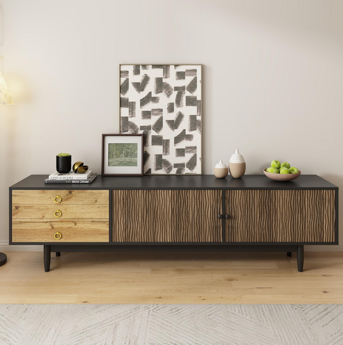 TV-LOWBOARD 180/38/50 cm mit 2 Türen, 3 Schubladen und Soft-Close - Schwarz, Holzwerkstoff (180/38/50cm) - BEAOK