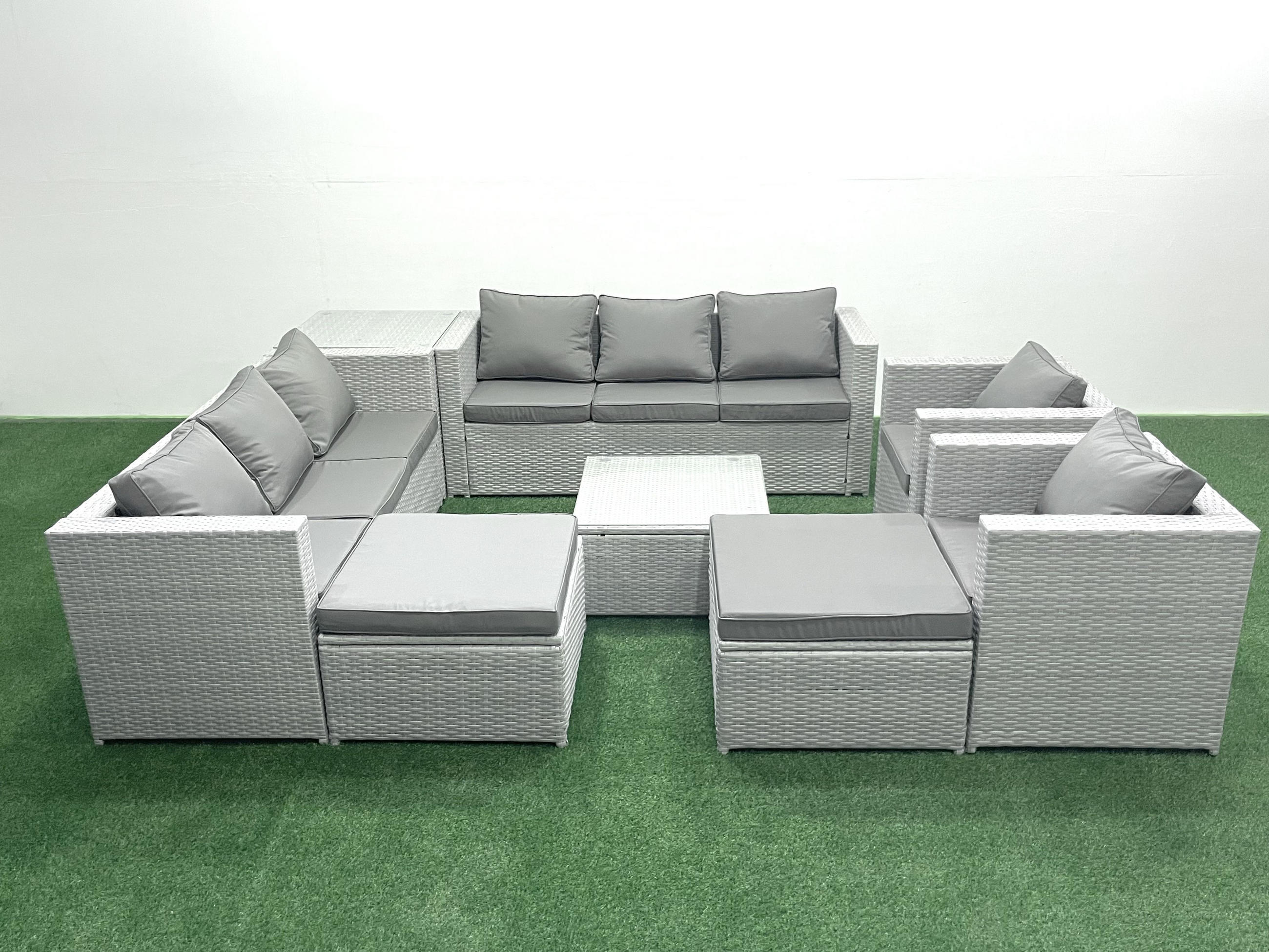 GARTENMÖBEL-SET mit Kissen Polyrattan Hellgrau-Mix 10-Sitzer - Hellgrau/Grau, Glas/Kunststoff - Fimous