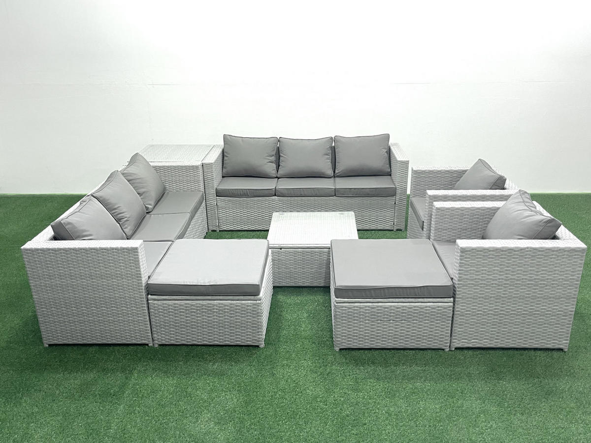 GARTENMÖBEL-SET mit Kissen Polyrattan Hellgrau-Mix 10-Sitzer - Hellgrau/Grau, Glas/Kunststoff - Fimous