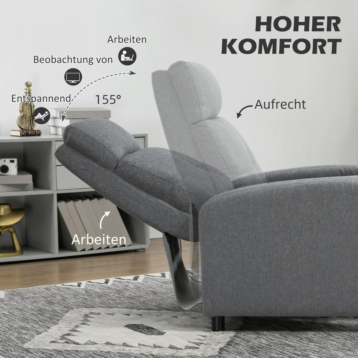 RELAXSESSEL Polyester mit Liegefunktion bis 155° 67/87/98 cm Grau - Grau, Textil (87/98/67cm) - Redom