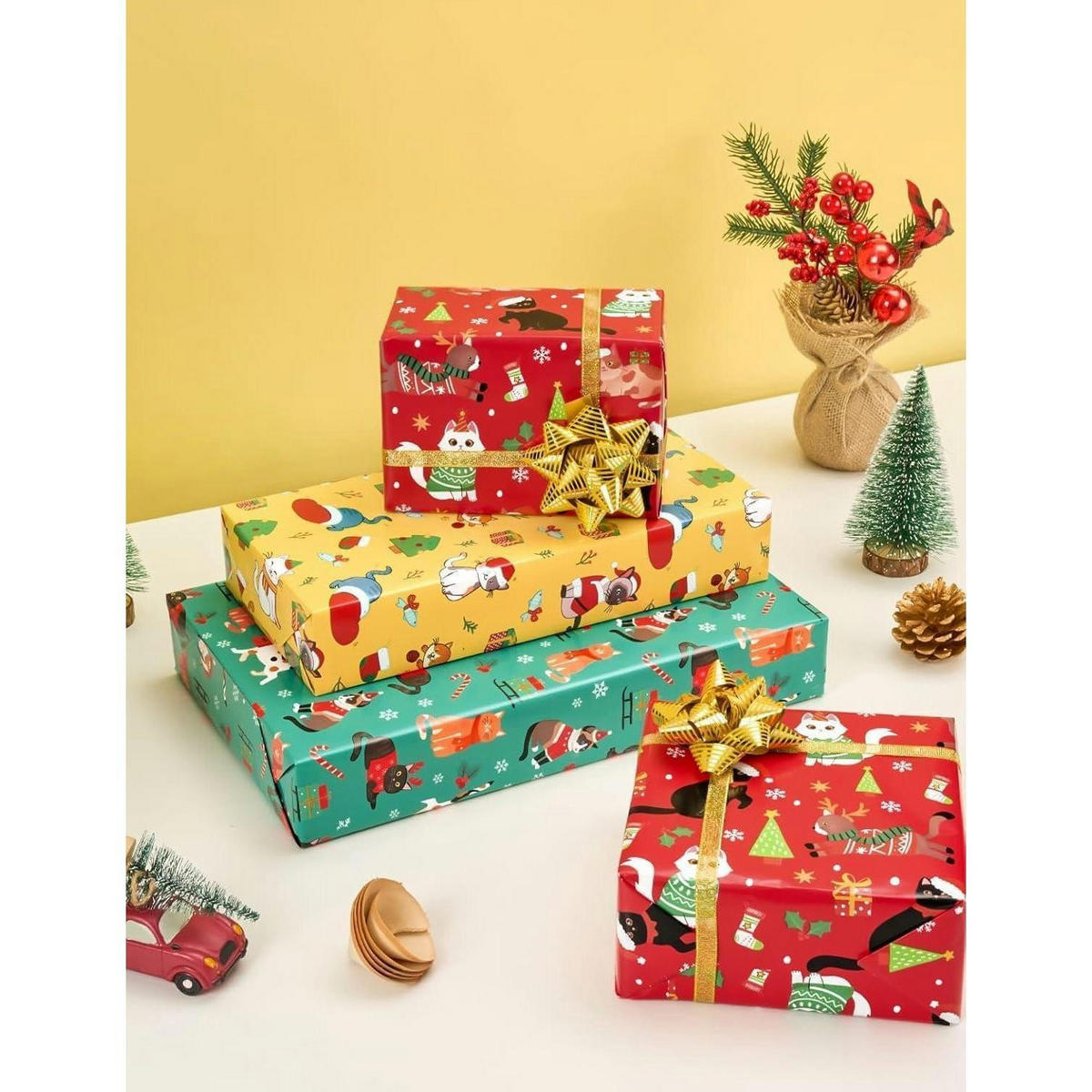 GESCHENKPAPIER 3 Rollen Set Weihnachtskatzen 50,8 x 304,8 cm - Multicolor, Papier (43/1/305cm)