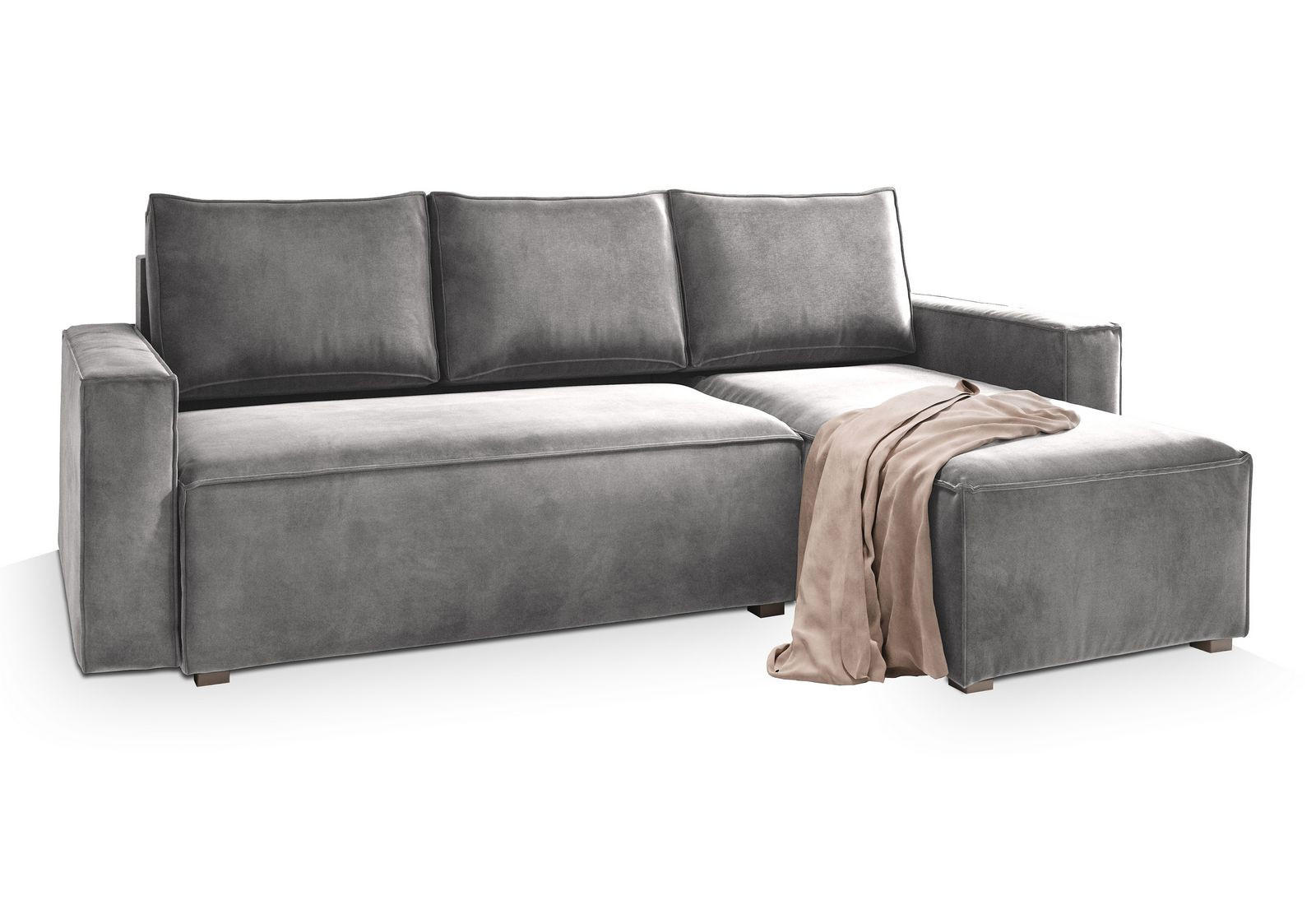 ECKSOFA SILES Hellgrau Velours-Stoff mit Schlaffunktion - Hellgrau, Holz (230/140cm) - MASSENO
