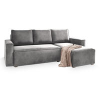 ECKSOFA SILES Hellgrau Velours-Stoff mit Schlaffunktion - Hellgrau, Holz (230/140cm) - MASSENO