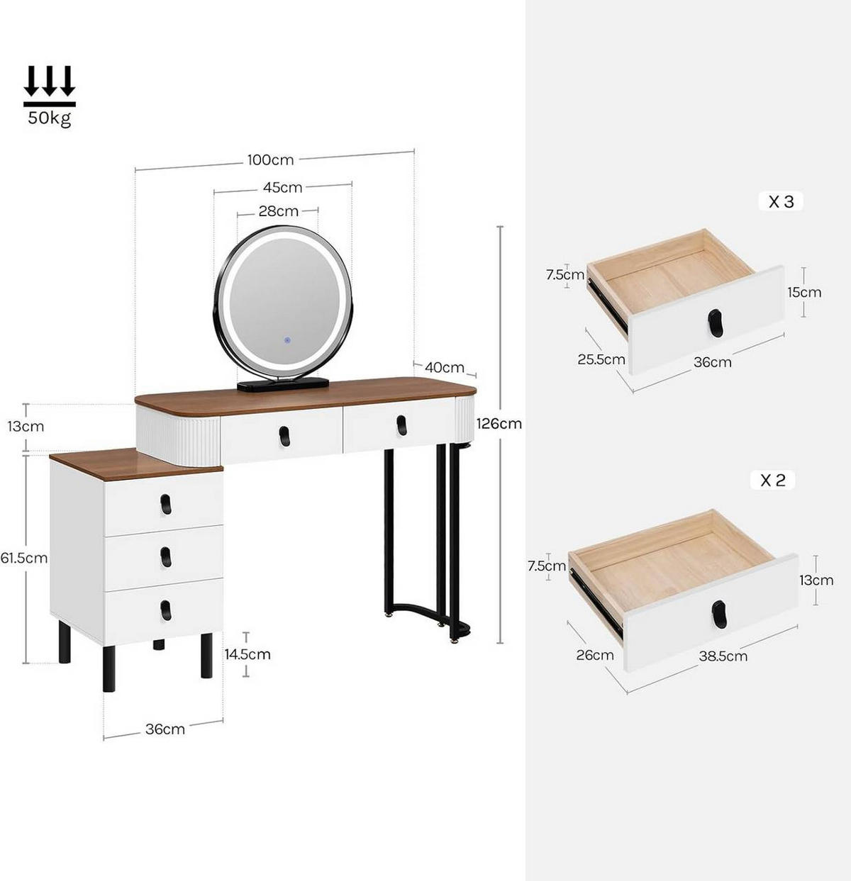 SCHMINKTISCH mit LED, Spiegel, Orangebraune Holzoptik - Nussbaumfarben/Schwarz, Glas/Holz (100/126/40cm) - Woltu