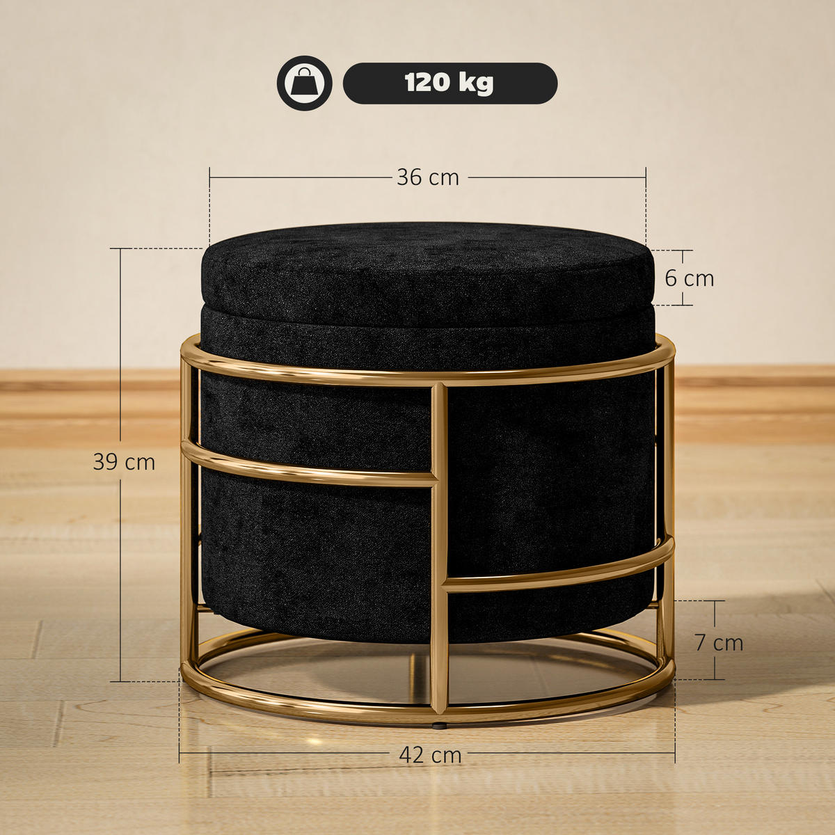 SITZHOCKER mit Stahrahmen 42 x 42 x 39 cm, Schwarz - Schwarz, Kunststoff (42/39/42cm) - HOMCOM