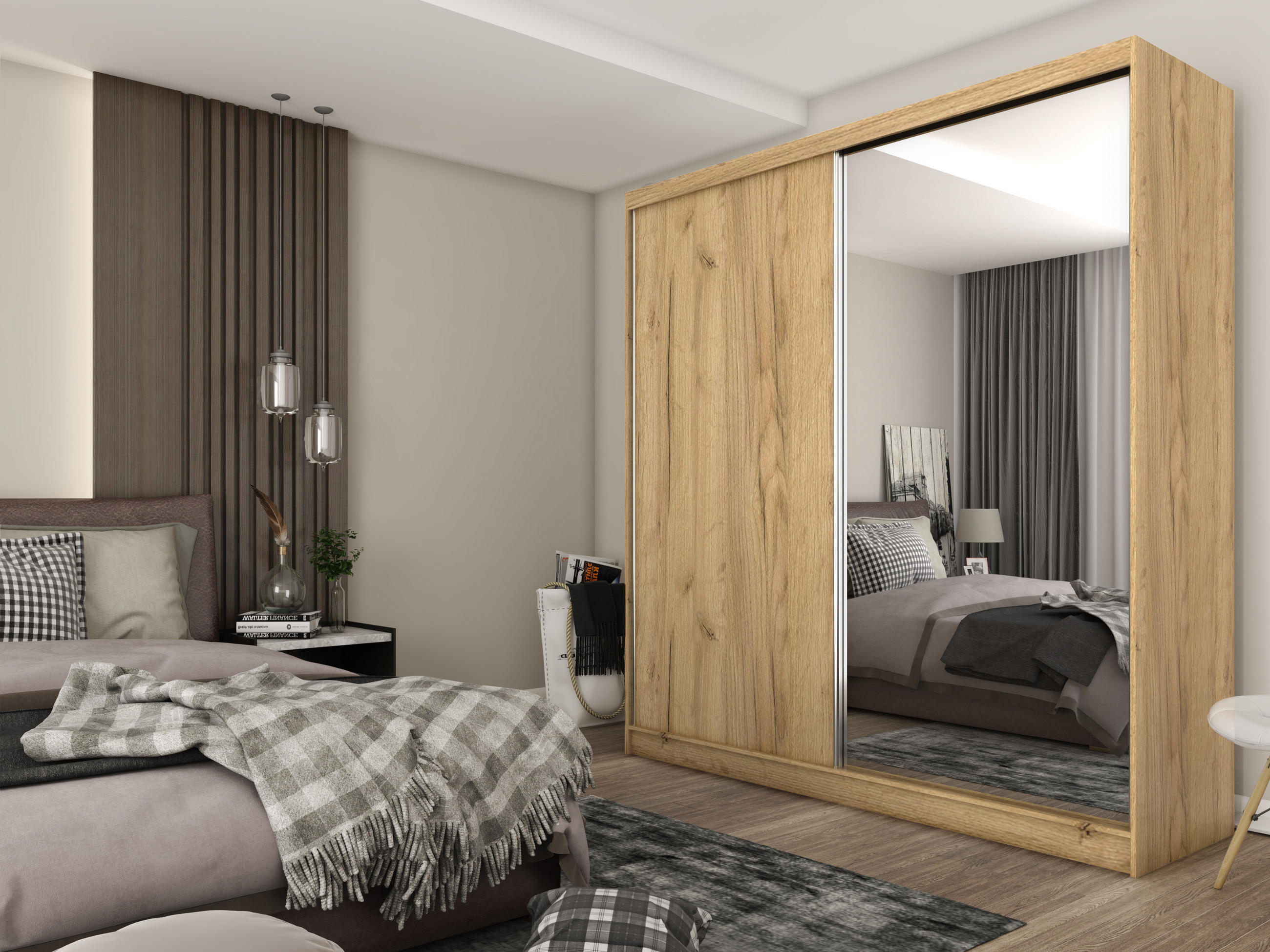 SCHWEBETÜRENSCHRANK PATRIZIA 200/216/61 cm 2-türig mit Spiegel Eiche Artisan - Eiche Artisan, Holzwerkstoff (200/216/61cm) - MASSENO