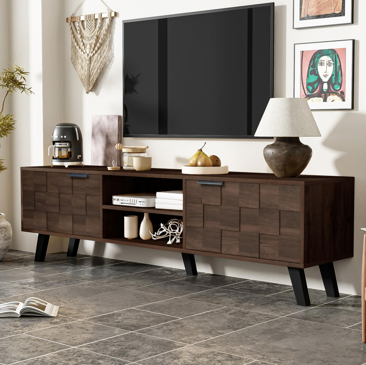 TV-SCHRANK aus Spanplatte 160,5x35,5x45 cm Holzfarbe mit 2 Türen, 2 offenen Fächern und Dämpfungsscharnieren - Braun, Holzwerkstoff (160.5/45/35.5cm) - Modfu
