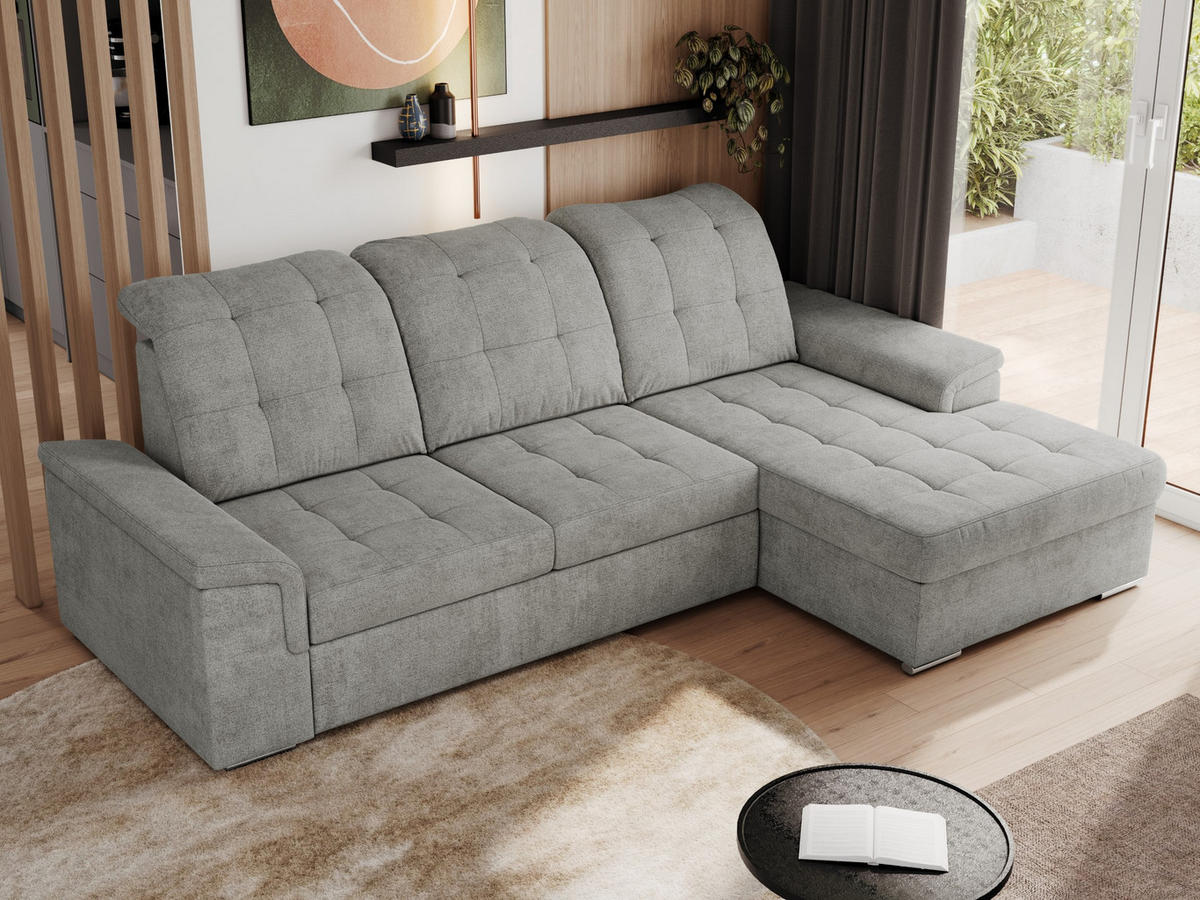 ECKSOFA MADRITO L - Hellgrau Struktur - Rechts - Silberfarben/Hellgrau, Textil/Metall (256/160cm)