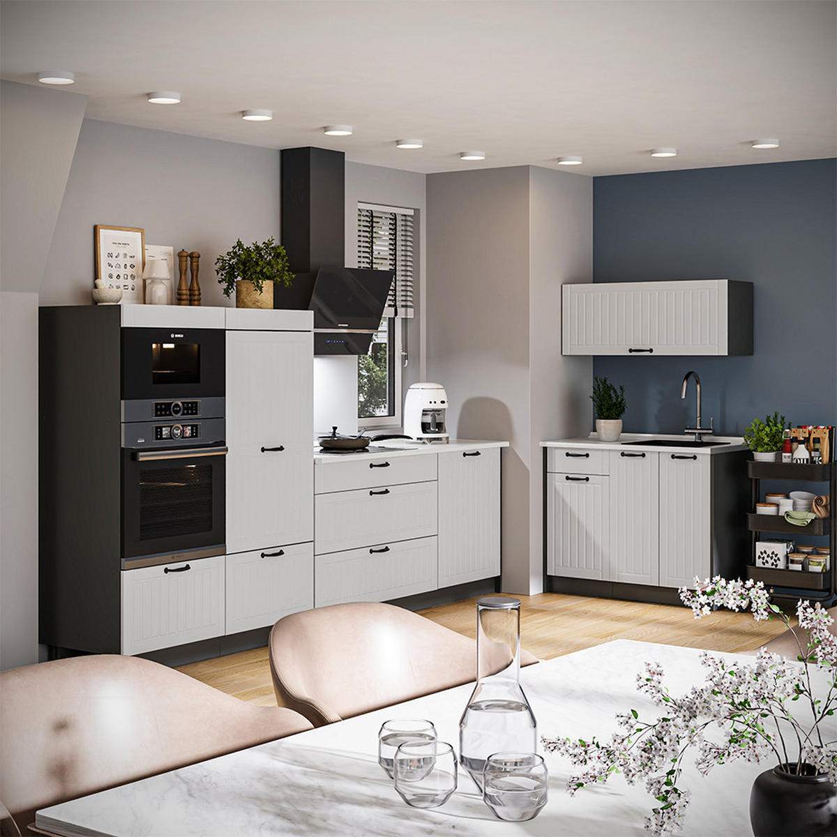 KUCHYNKA Fame-Line, Biely vidiecky dom/antracitová, 280 cm, AP Marble - biela/antracitová, kompozitné drevo (280/82/60cm) - Vicco