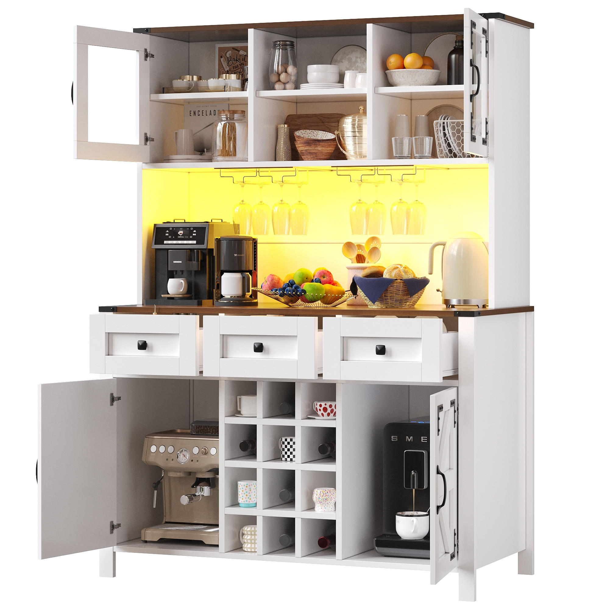 HOCHSCHRANK 120/40/170 cm mit LED-Beleuchtung, Steckdosenleiste, USB und Weinglashalter aus MDF und Glas, Weiß - Weiß, Holzwerkstoff (120/170/40cm) - Redom