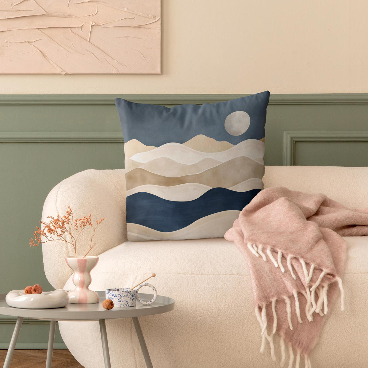 KISSENBEZUG Minimalistische Boho Landschaft Beige Blau 50/50 cm - Blau, Textil (50/50cm) - Bilderwelten