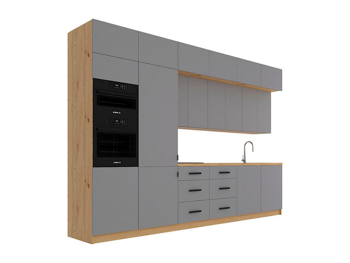 KÜCHENZEILE 360 cm - Nexa K72-G360-L - in Beige / Matt - Beige/Schwarz, Holz/Metall (360/212/58cm) - ROYAL24_MARKT