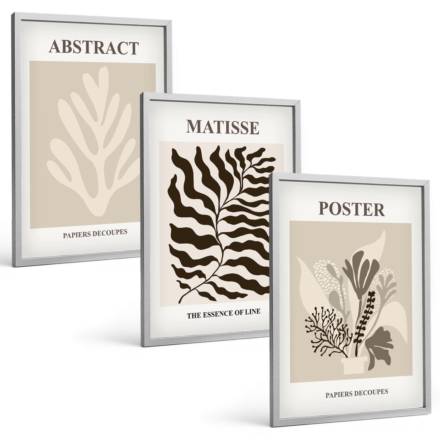 BILDER SET 3er Set - 40x60 cm Silberner Rahmen - Beige-braune Pflanzenmuster - Silberfarben, Kunststoff (40/60cm) - TULUP