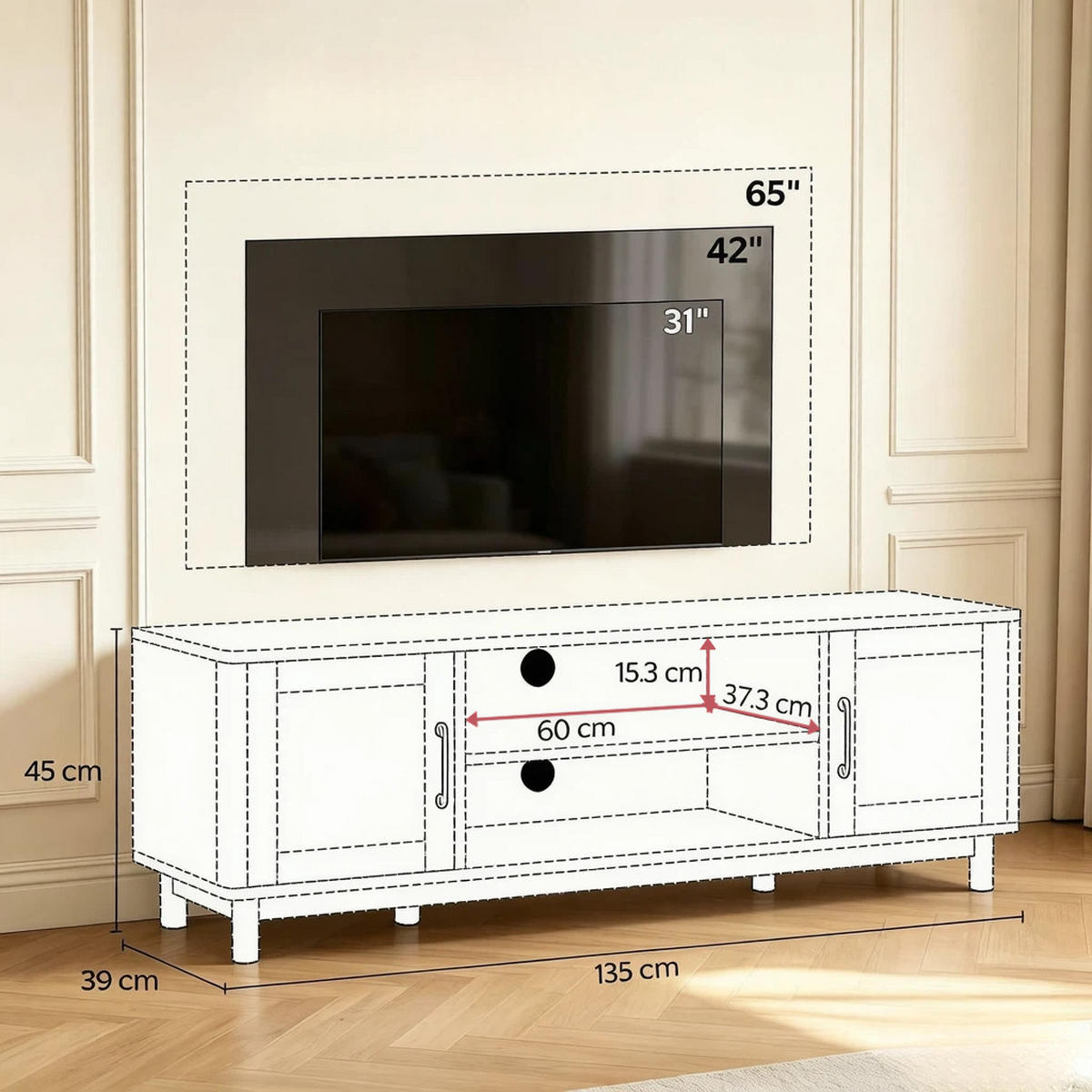 TV-SCHRANK 135/39/45 cm Eiche mit 2 Rattan-Türen und offenen Fächern - Eichefarben, Holz/Holzwerkstoff (135/45/39cm) - Oxeza
