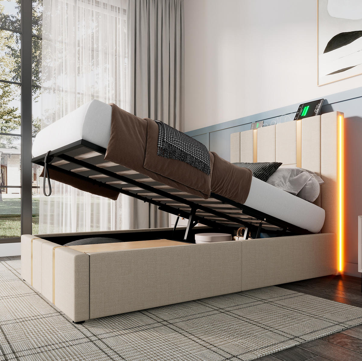 BETT mit Stauraum 90x200 cm Leinen Beige mit LED - Beige, Metall (90/200cm) - Meubliv