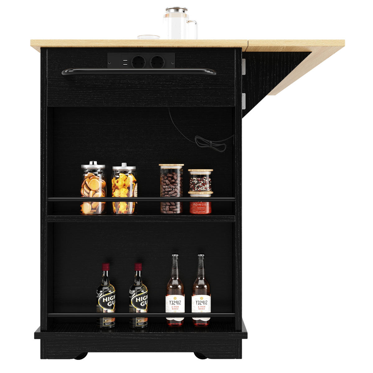 KÜCHENINSEL 151,5/59,7/91,7 cm schwarz mit Steckdosen und klappbarer Tischplatte - Schwarz, Holzwerkstoff (151.5/91.7/84.7cm) - OKWISH