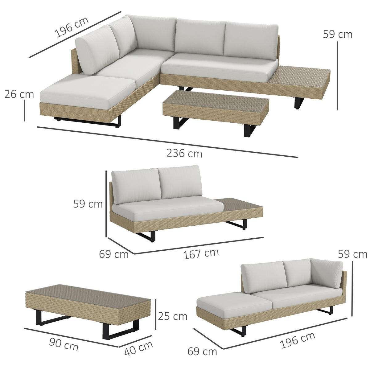 GARTENLOUNGE DE-13588 5‑sitzig mit Glastisch, abnehmbaren Bezügen Beige - Beige, Kunststoff/Metall - ComfortXL