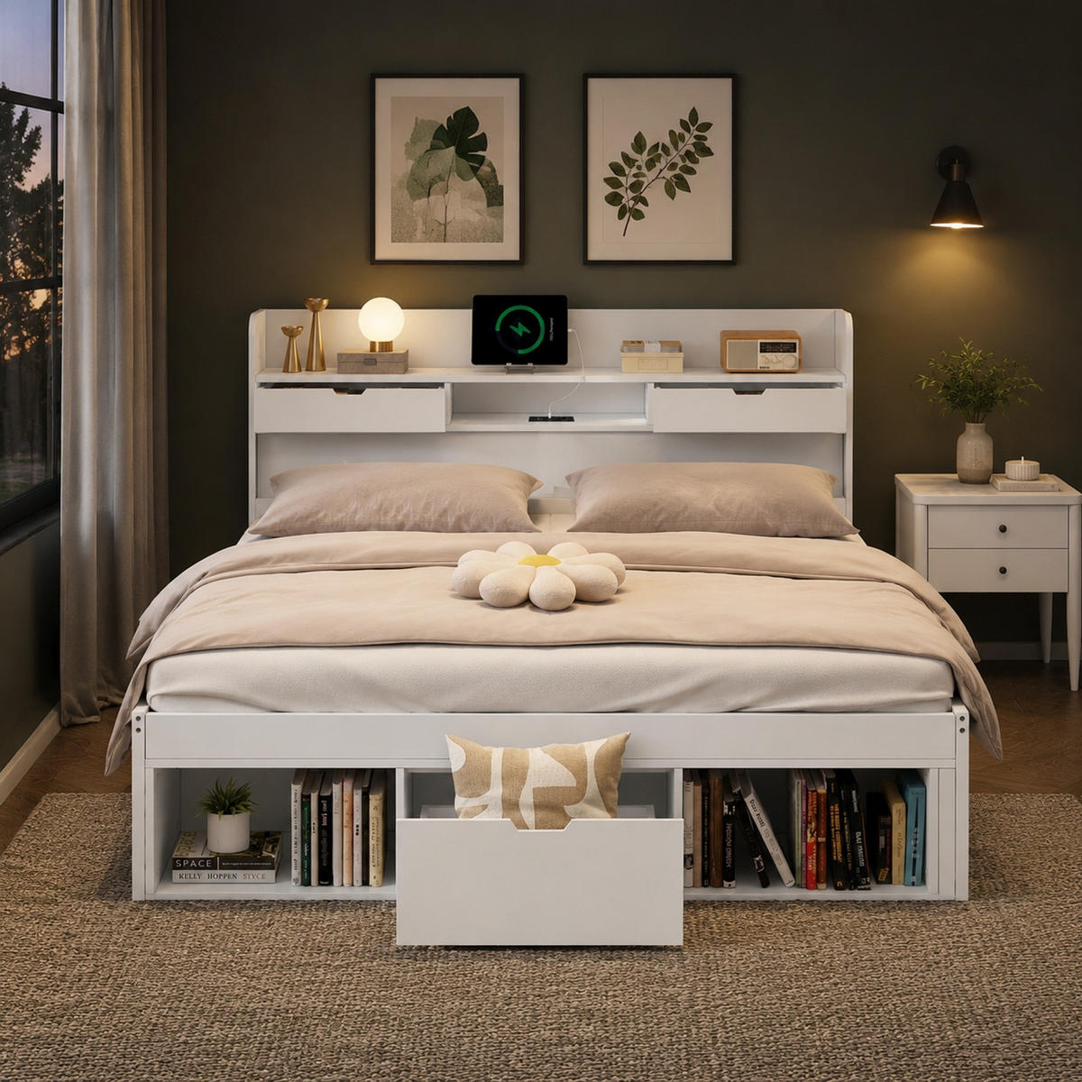 JUGENDBETT 140/190 mit USB, Type-C und Stauraum in Weiß - Weiß, Holzwerkstoff (140/190cm) - EVRYAE